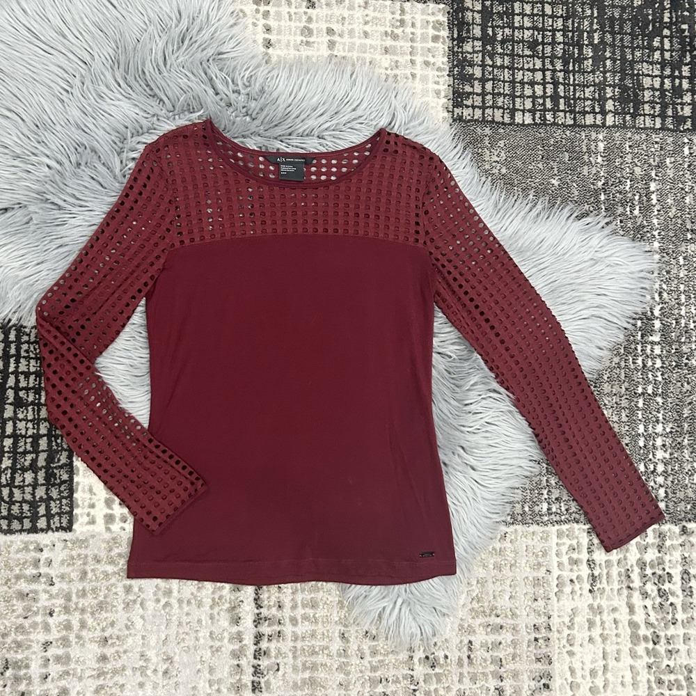 Armani Exchange Women's Burgundy Top With Cutout Accented Long Sleeves SZ Small‎